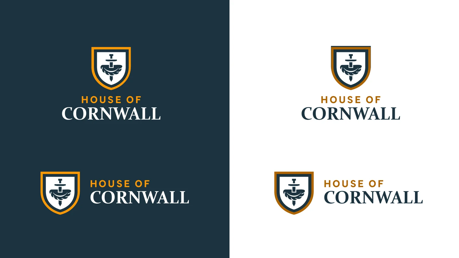 The House of Cornwall lockups: the gold-ringed crest above the wordmark and beside it, on navy and on white